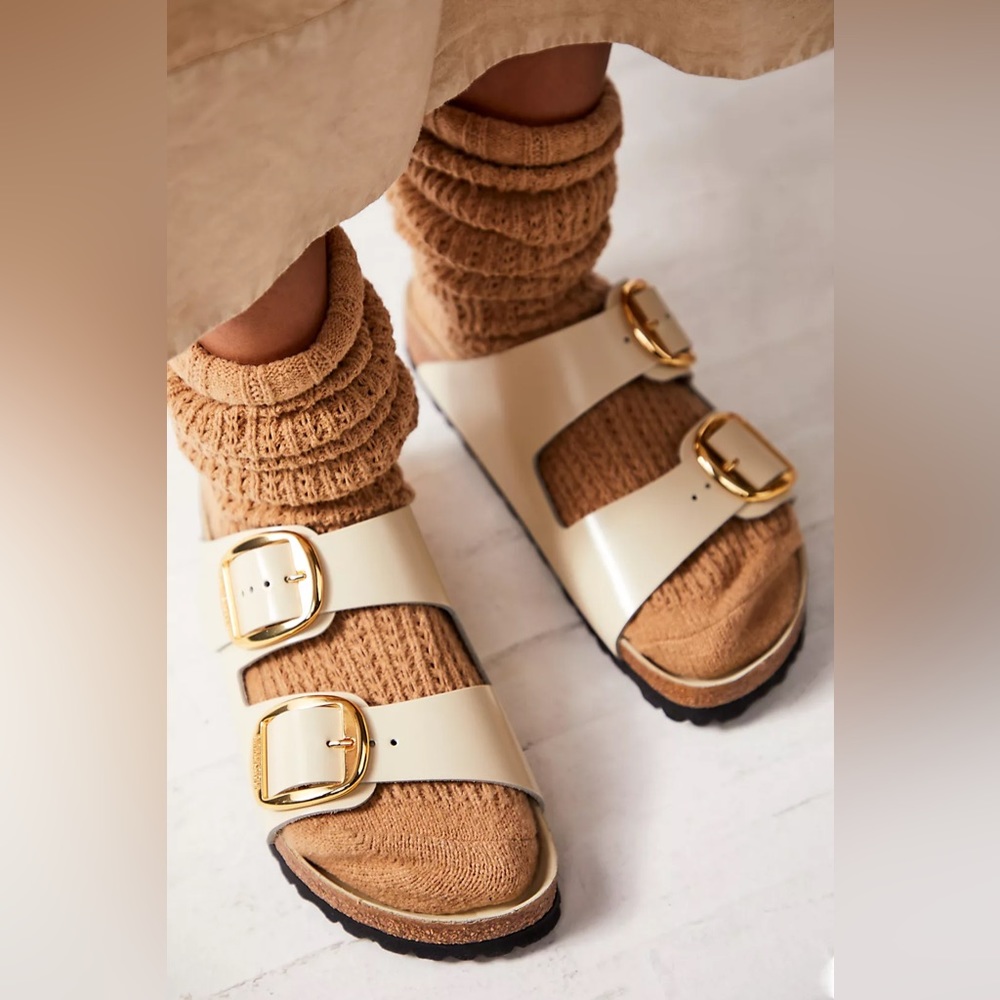 Birkenstock Cream Sandals with Gold Buckles